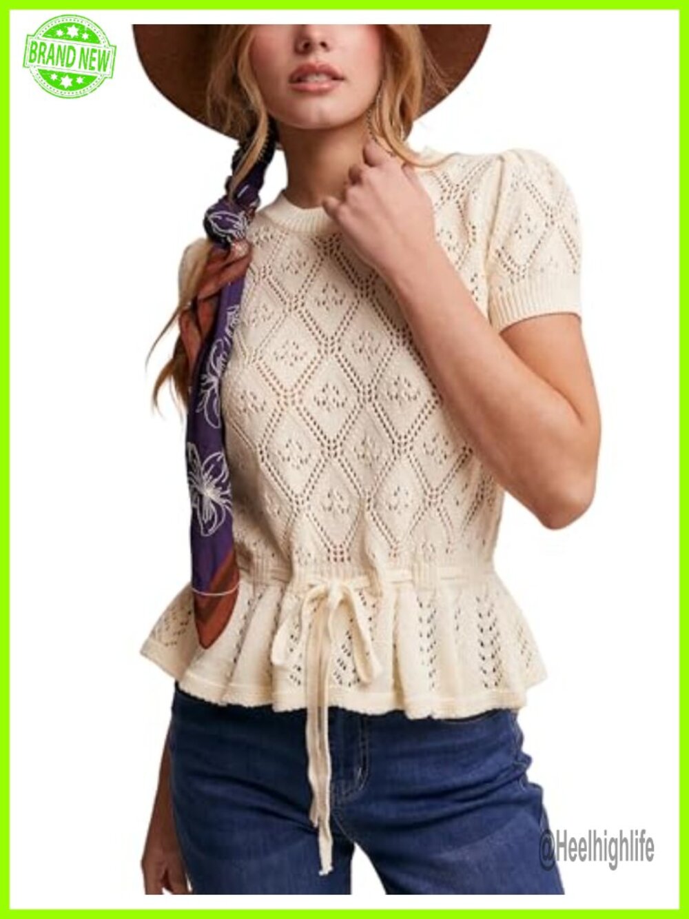 Crochet Knit Peplum Top Short Sleeve Tie Front Hollow Out Sweater Womens
